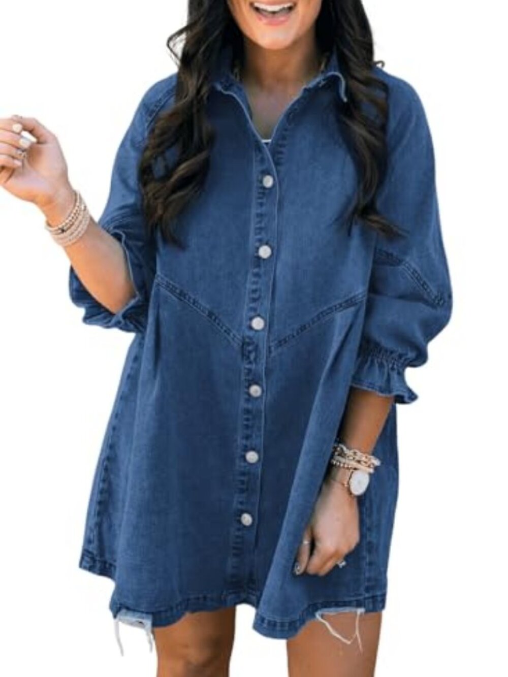 Womens Smocked 3 4 Sleeve Button Down Denim Jeans Dresses